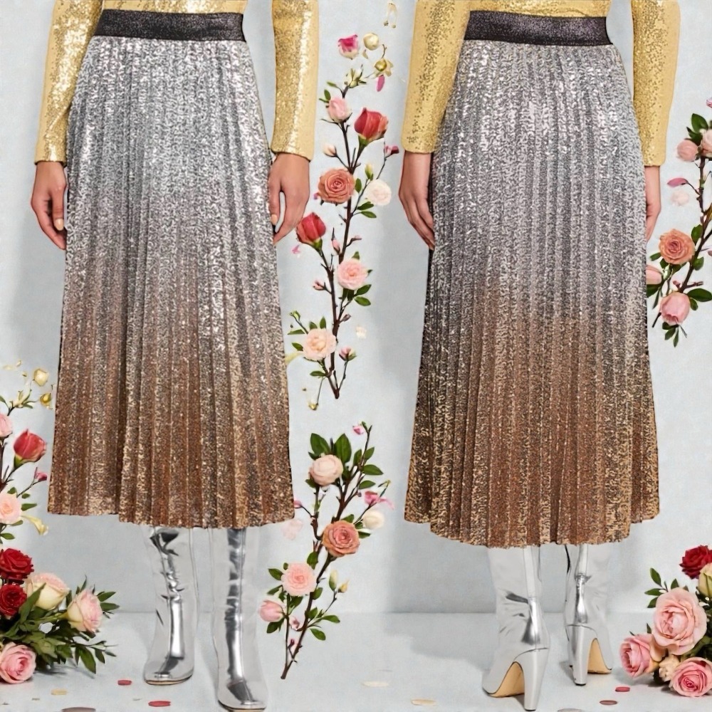 Le Superbe Belinda Pleated Silver Gold Sequin Midi Skirt‎ Party New Year's S